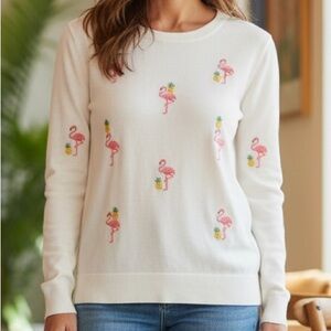 J.CREW TEDDIE White Flamingo Pineapple Crew Neck Sweater Cotton SMALL NWT